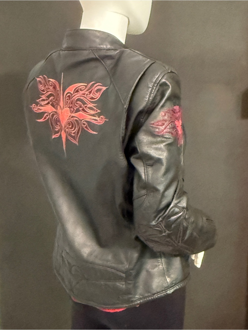 Harley-Davidson Black Leather Jacket with Red Winged Heart Embroidery